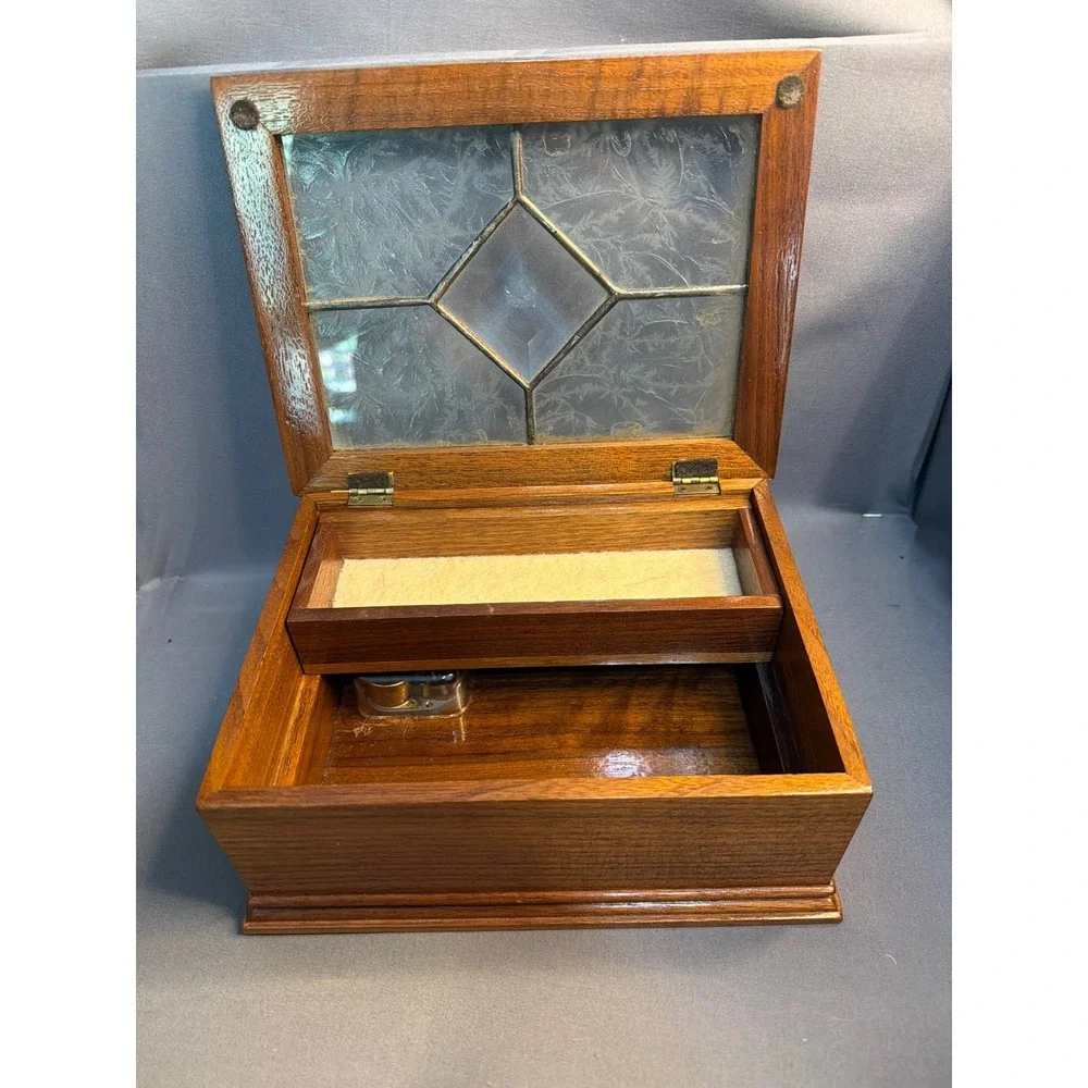 Vintage Reuge Swiss Music Box Dancer Wood Jewelry Box Frosted Leaded Glass Lid